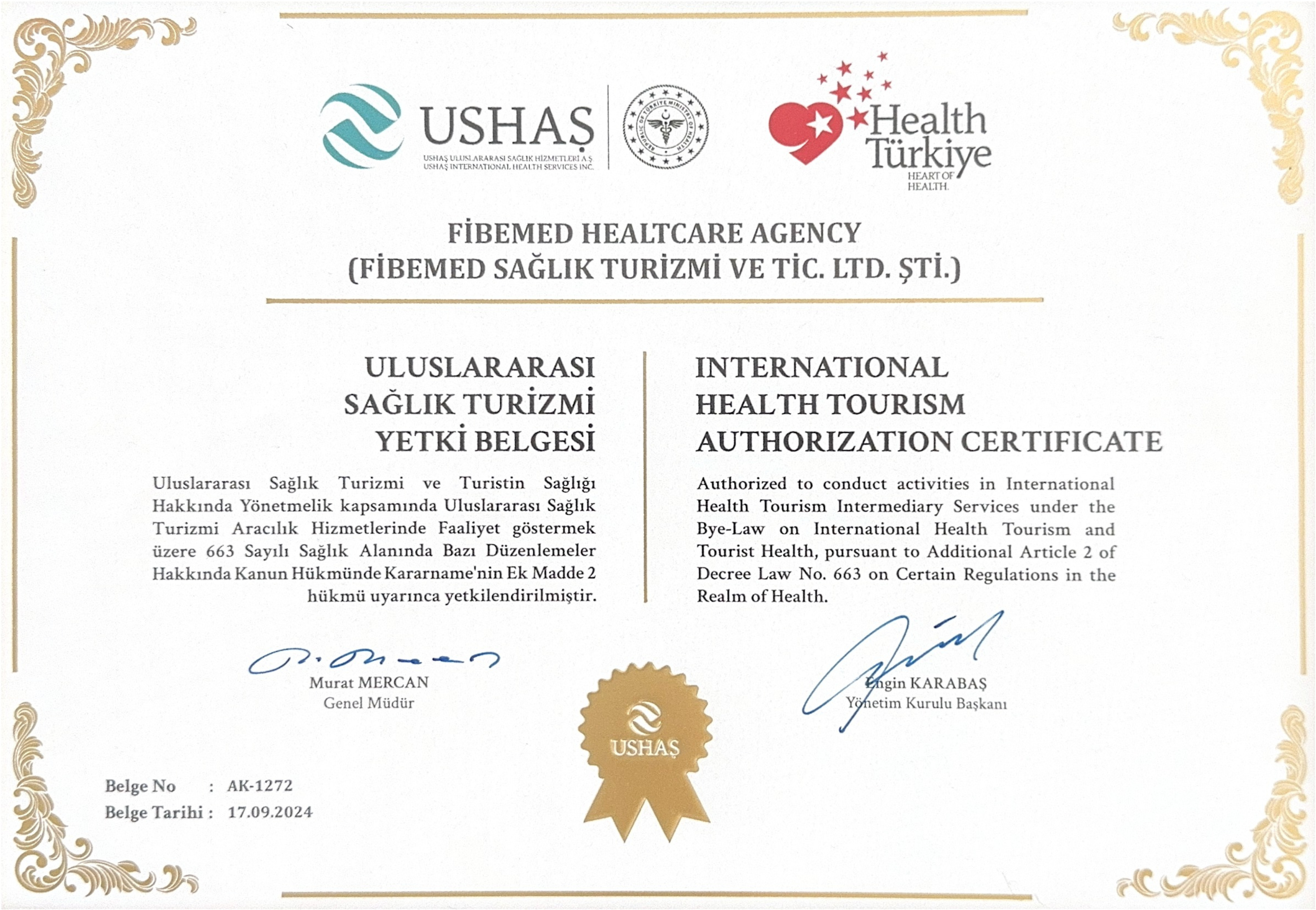 International health tourism authorization certificate issued by the Ministry of Health of Turkey for Fibemed Healthcare