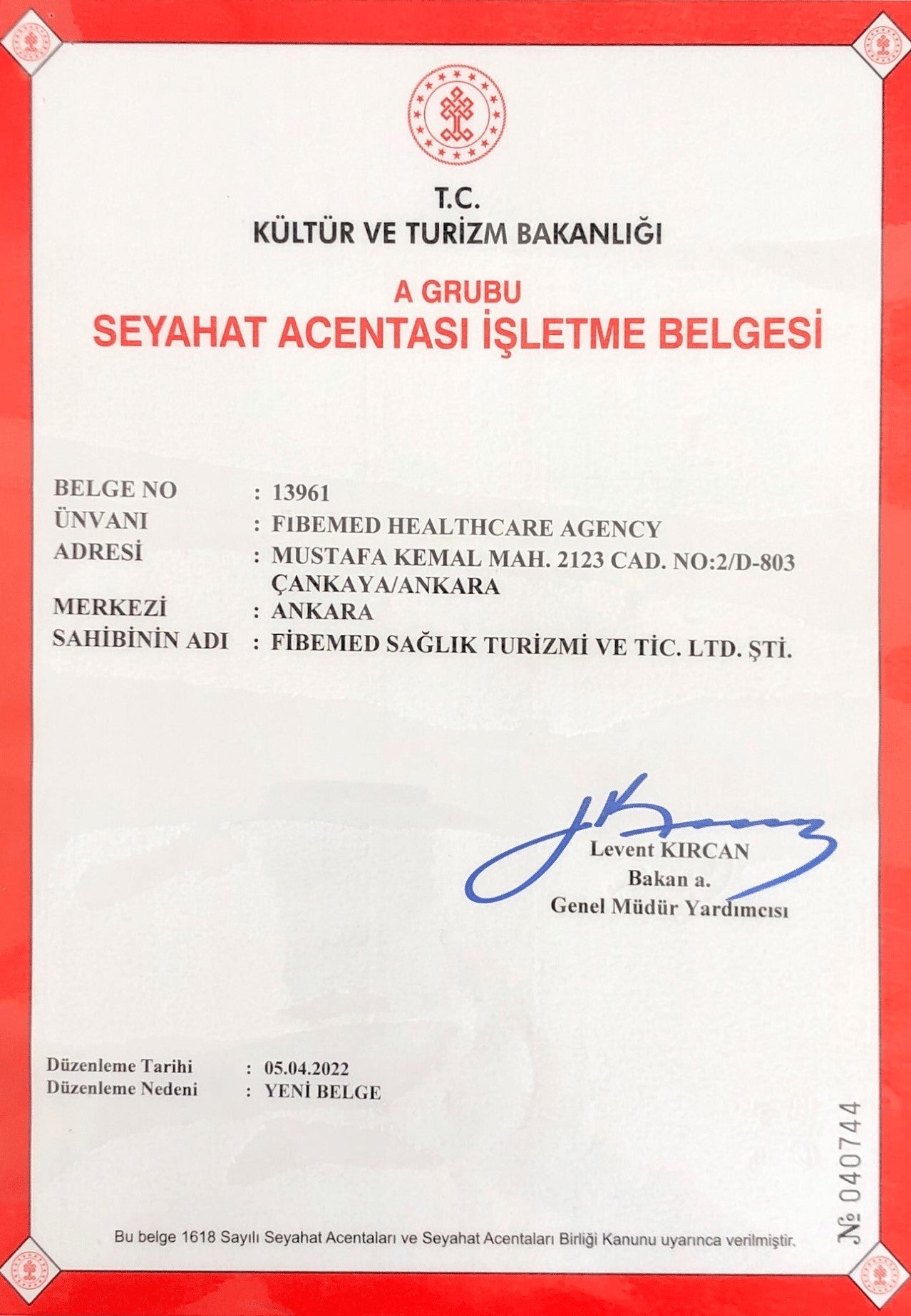 TURSAB travel agency operating certificate for Fibemed Healthcare medical tourism services in Turkey